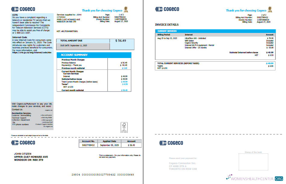 download download Canada Cogeco utility bill template in Word and PDF formats, 2 pages PDF template PDF template